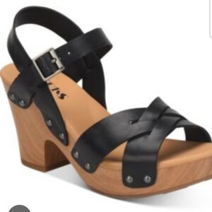 KORKS Bagley Black Leather Platform Sandals - Wood Grain Heel - Size 8M